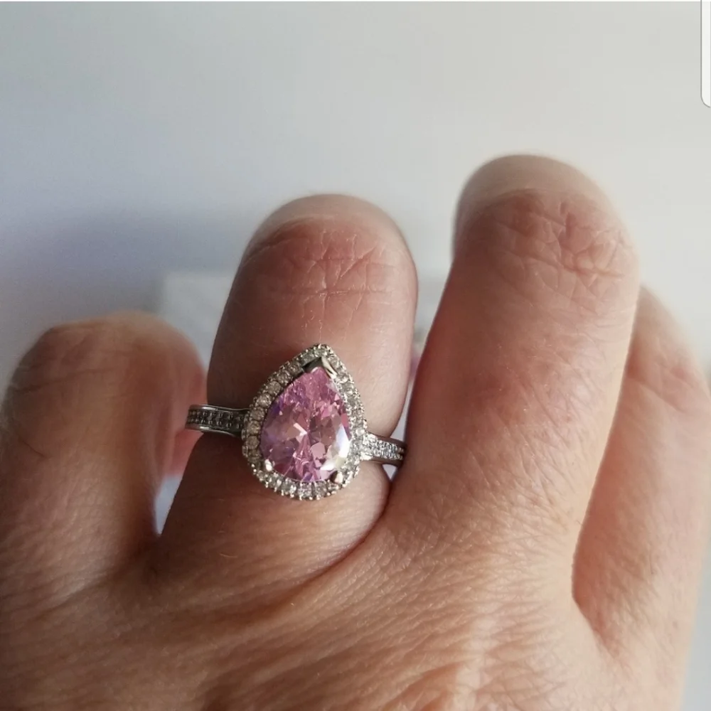 Swarovski Elements 925 Sterling Silver Pink CZ Teardrop Solitaire Ring NEW